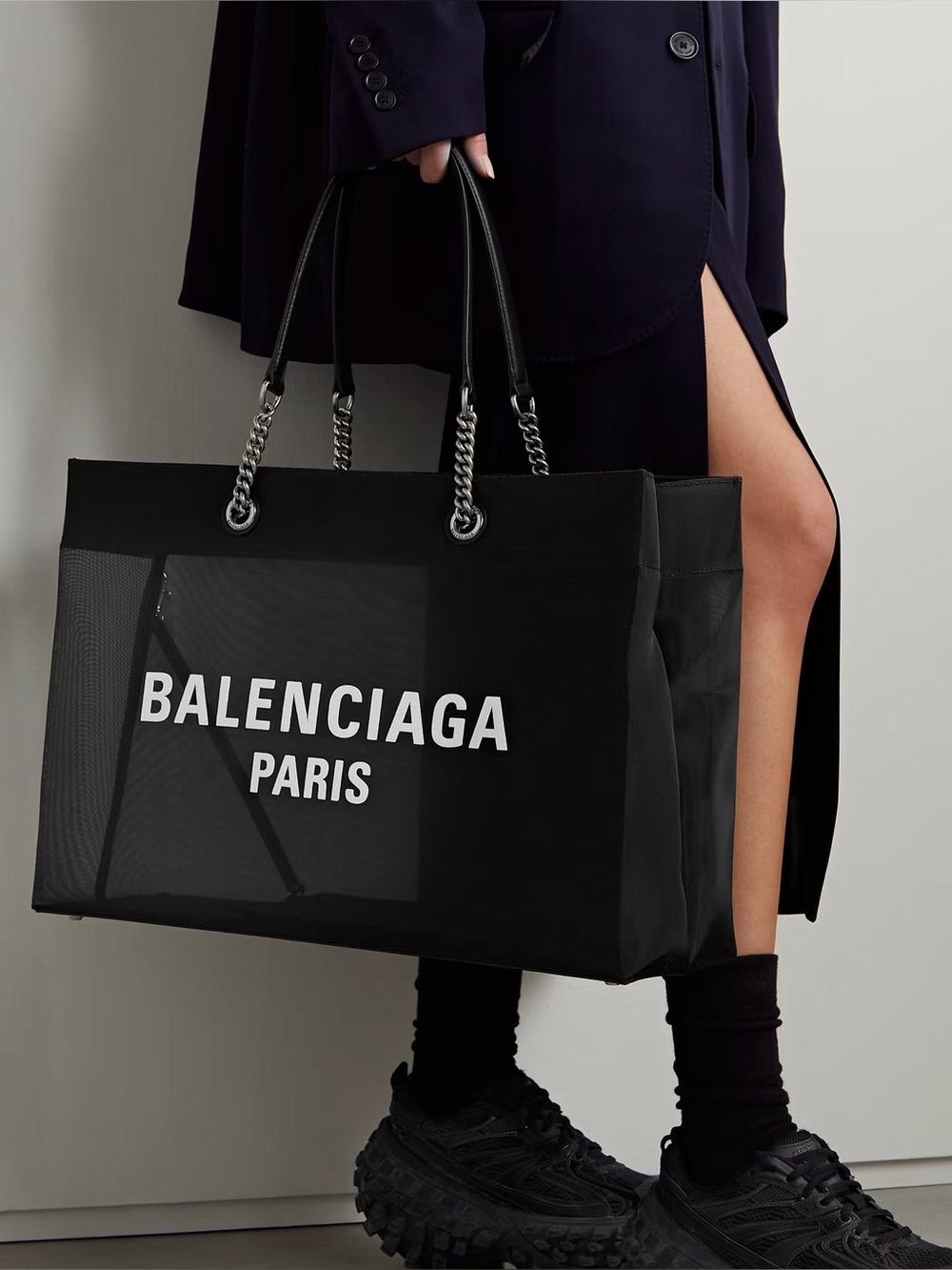 Balenciaga Large Logo Shopper Tote Black Mesh Chain Handles NEW $2350